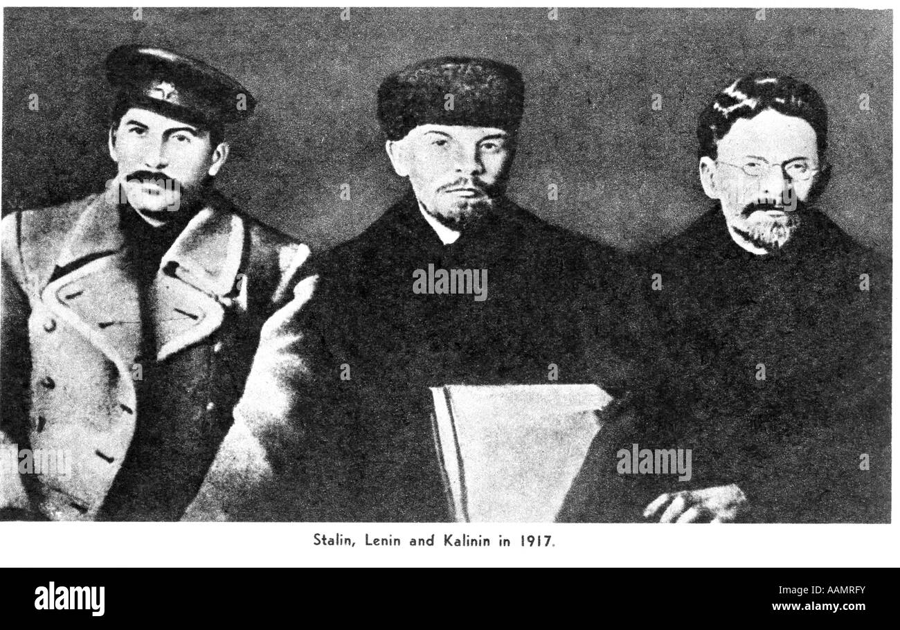 TRIO OF RUSSIAN REVOLUTIONISTS STALIN LENIN KALININ RUSSIA REVOLUTION GOVERNMENT POLITICS USSR Stock Photo