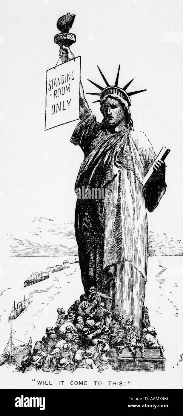 1906 CARTOON DRAWING STATUE OF LIBERTY SIGN ON TORCH STANDING ROOM ONLY AT HER FEET CROWD OF PEOPLE IMMIGRANTS Stock Photo