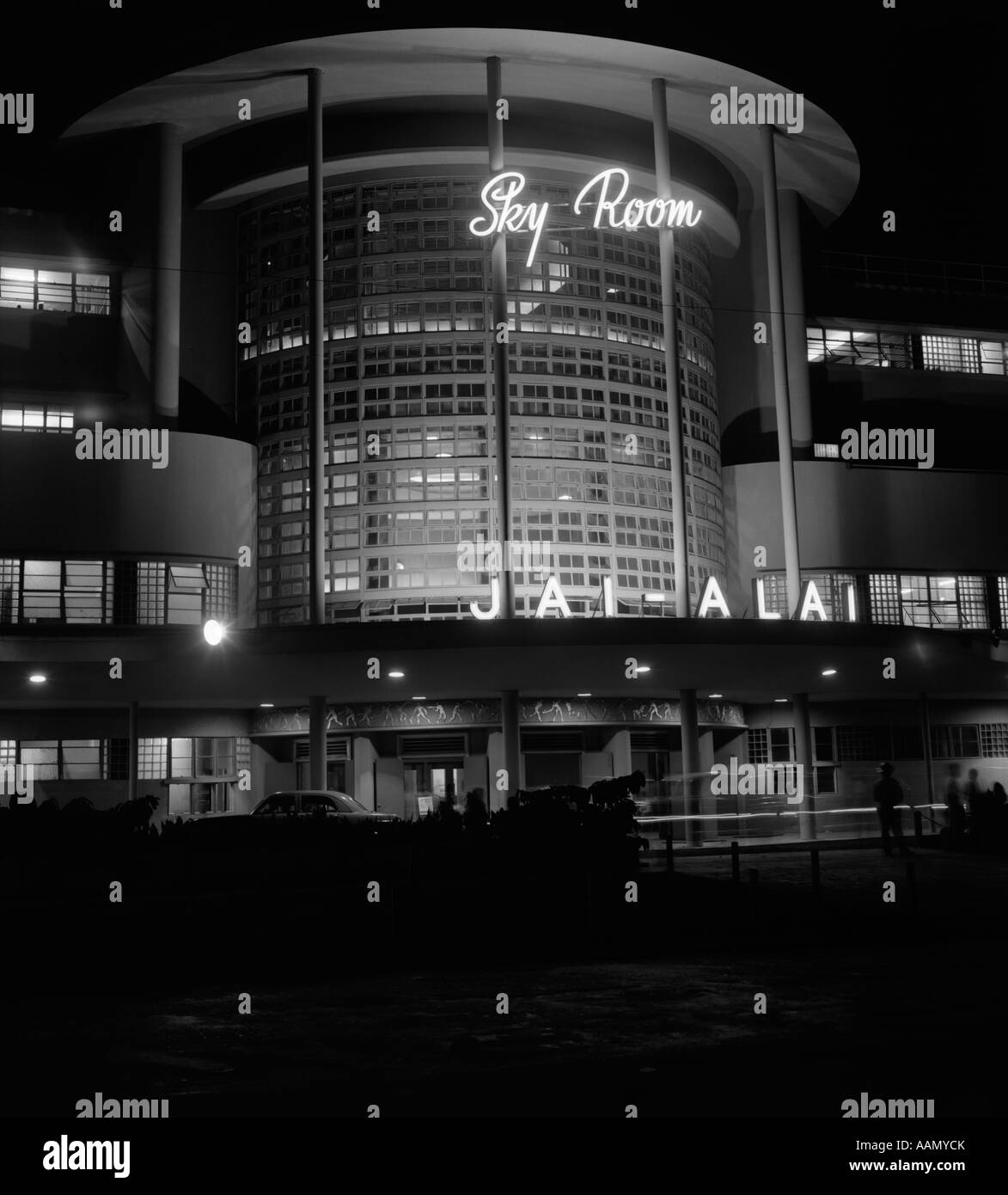 1930s NIGHT SHOT OF JAI ALAI NIGHTCLUB CLUB THE SKY ROOM ART DECO BUILDING MANILA PHILIPPINE ISLANDS PHILIPPINES Stock Photo
