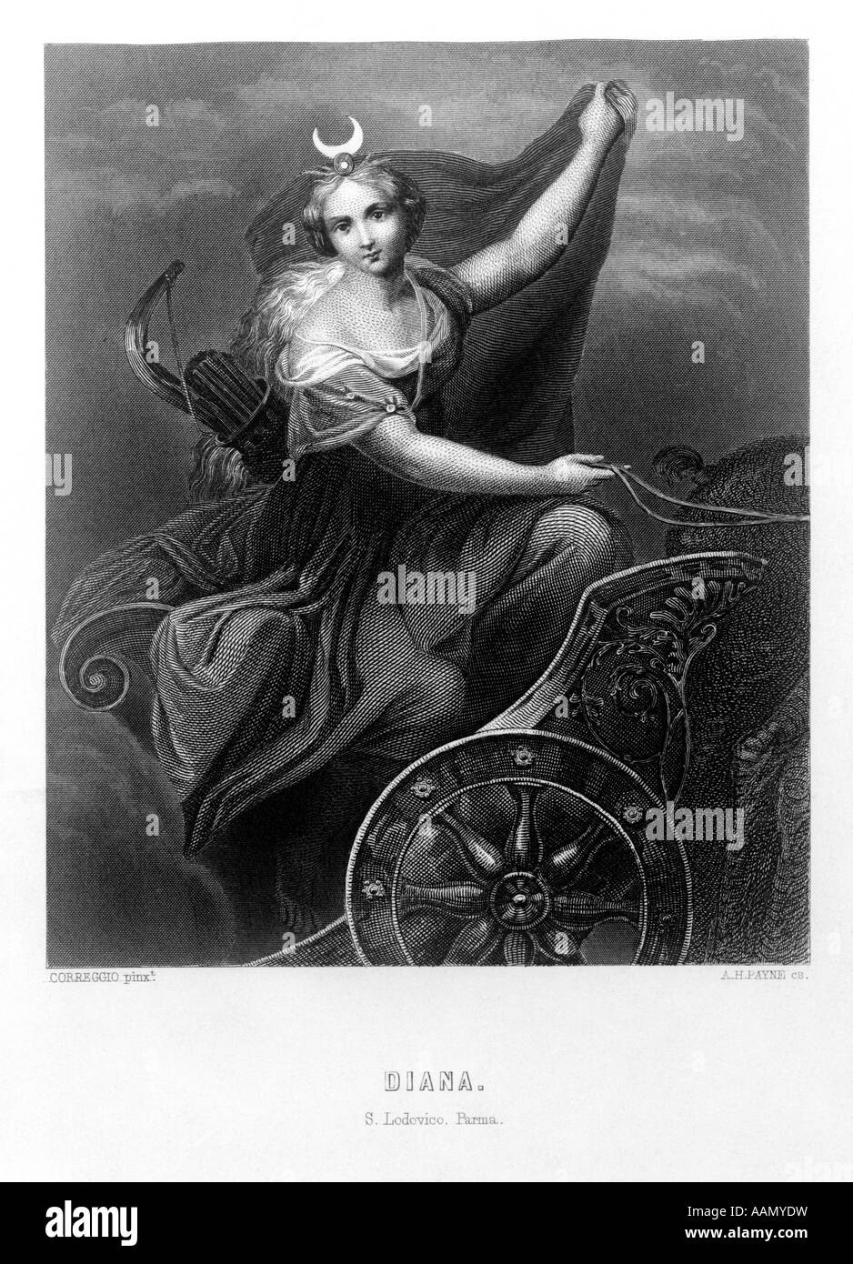 DIANA IN HER CHARIOT ROMAN GODDESS OF THE MOON FORESTS ANIMALS ENGRAVING BY PAYNE AFTER PAINTING BY CORREGGIO Stock Photo