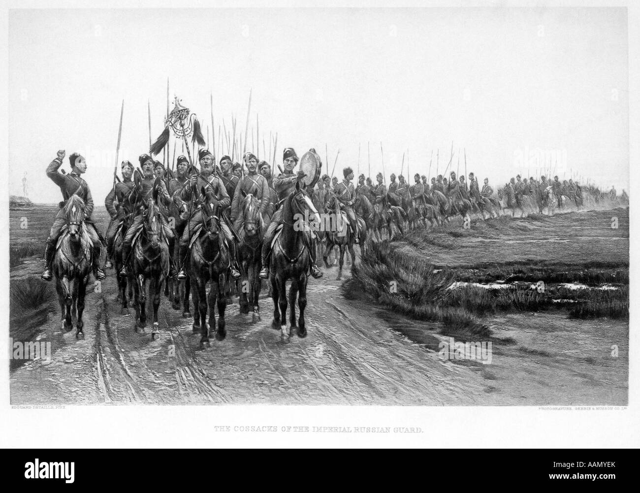 COSSACKS OF THE IMPERIAL RUSSIAN GUARD ON HORSEBACK HORSES CAVALRY CAVALRYMEN LOYAL TO THE TSAR CZAR RUSSIAN REVOLUTION MILITARY Stock Photo