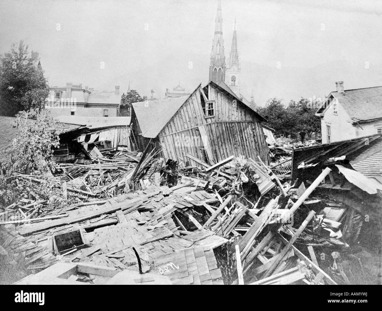 MAY 31 1889 PHOTO RUINS WOODED BUILDINGS HOUSES DEBRIS FROM JOHNSTOWN FLOOD PENNSYLVANIA FLOODS DISASTER TRAGEDY DEVASTATION Stock Photo