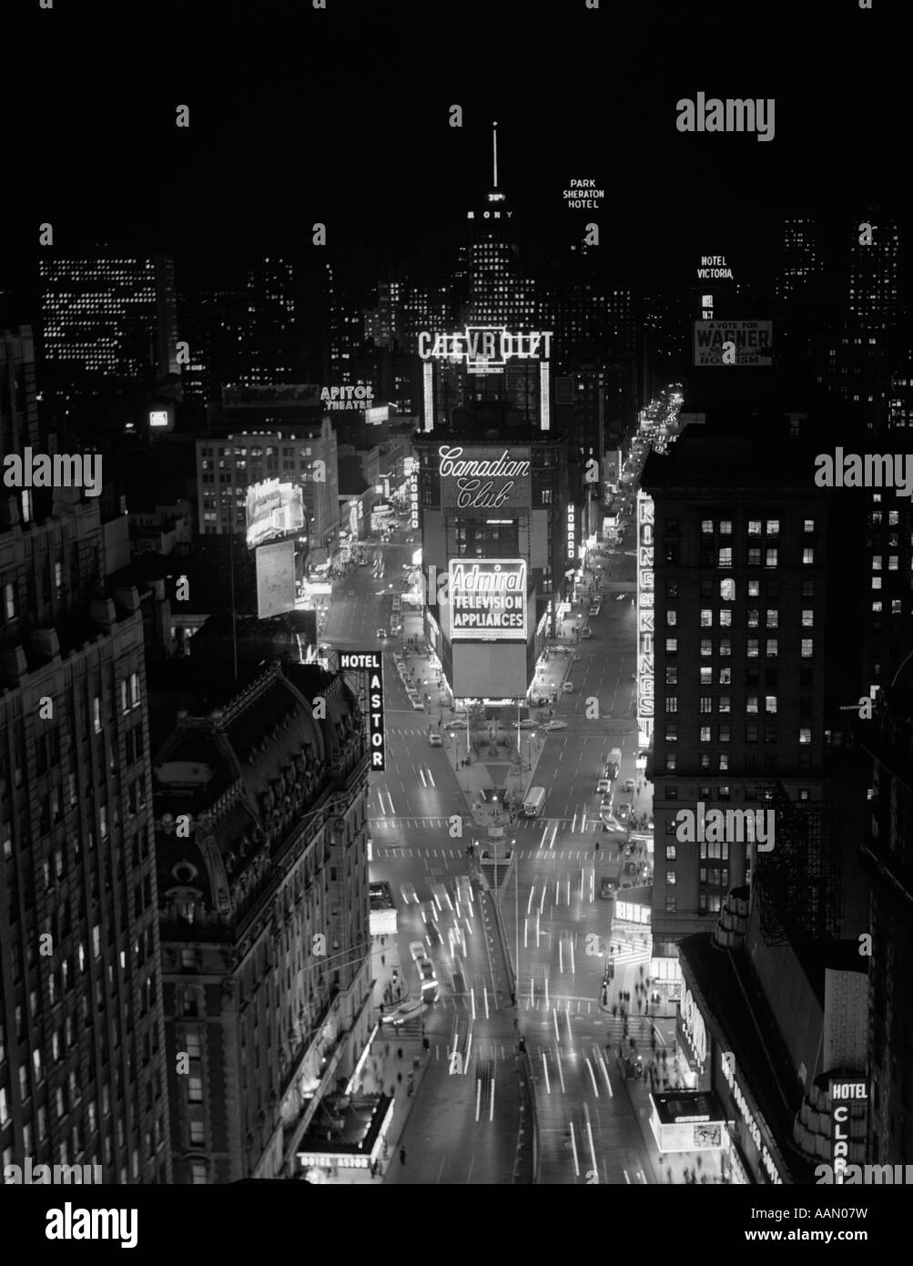 1950s 1960s NIGHT AERIAL VIEW TIMES SQUARE FROM TIMES BUILDING LOOKING NORTH MANHATTAN Stock Photo