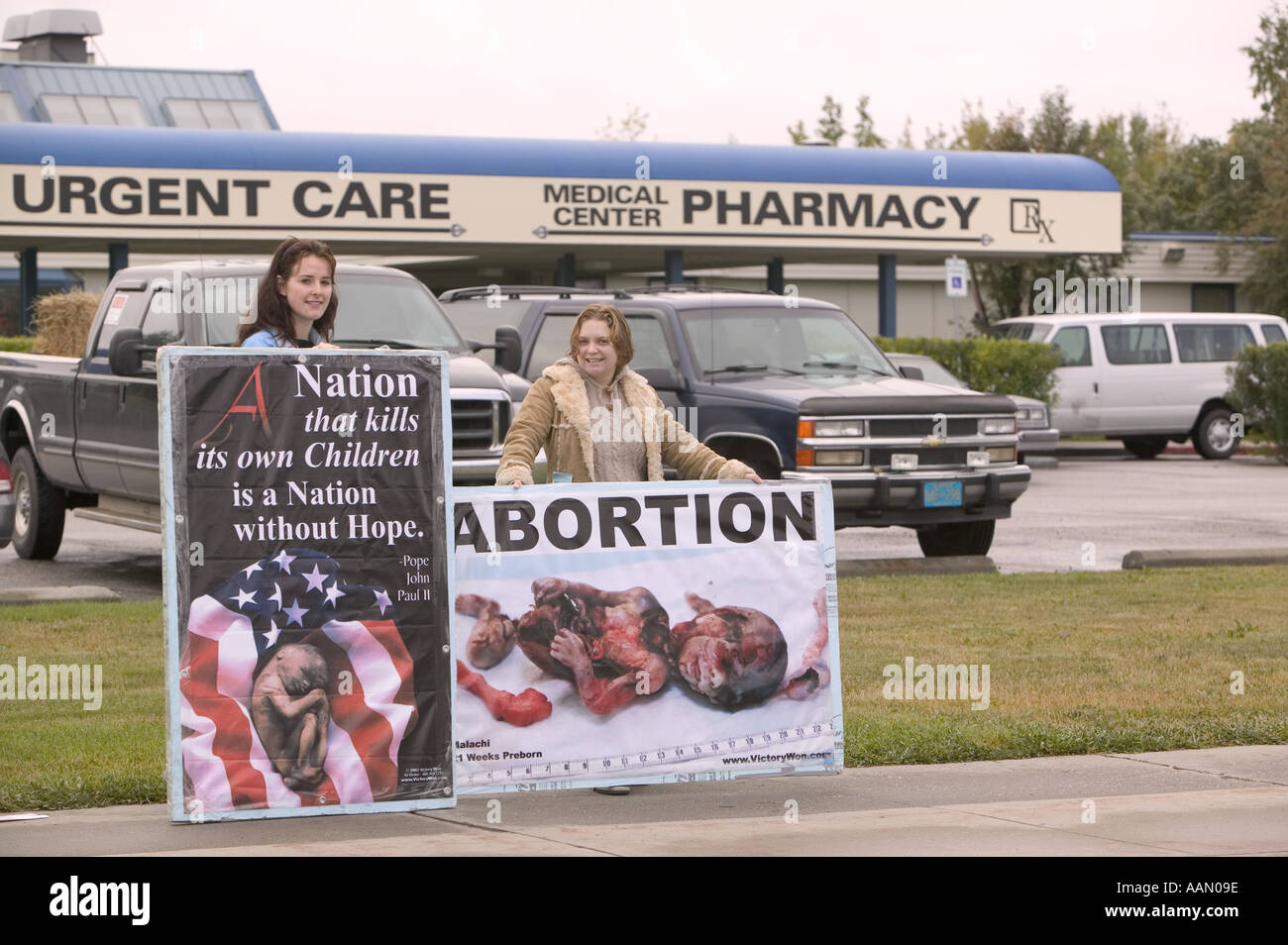 Anti abortion campaigners outside an abortion clinic in Fairbanks alaska Stock Photo