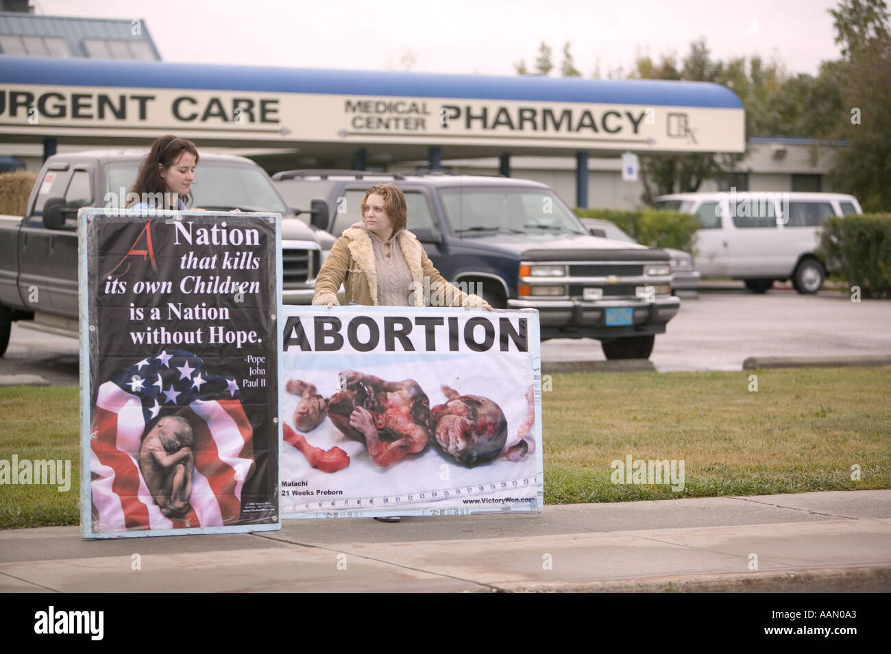 Anti abortion campaingers outside an abortion clinic in Fairbanks alaska Stock Photo
