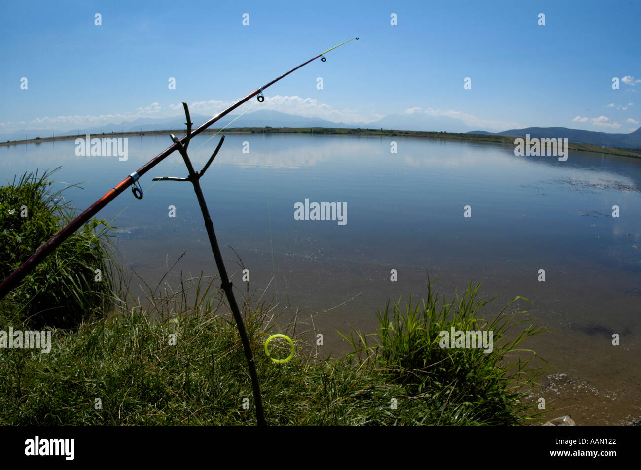fishing rod at a lake Stock Photo