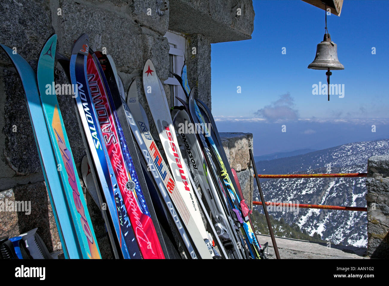 Skis And Warning Bell In Mountain Cafe In Borovets In Bulgaria Stock Photo  - Alamy