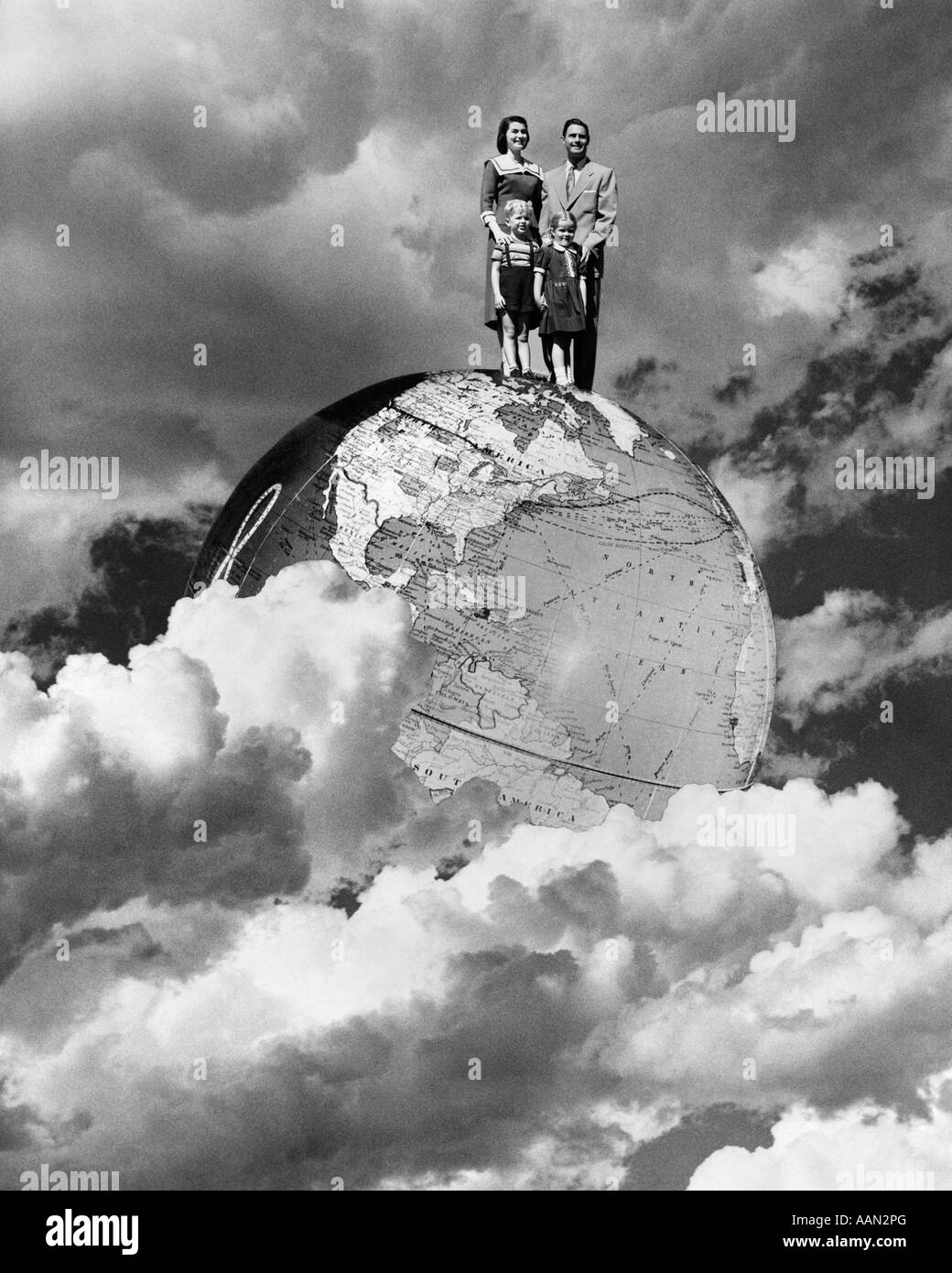 1950s SPECIAL EFFECT NUCLEAR FAMILY MAN WOMAN BOY GIRL MOM DAD TWO KIDS STAND ON TOP OF WORLD Stock Photo