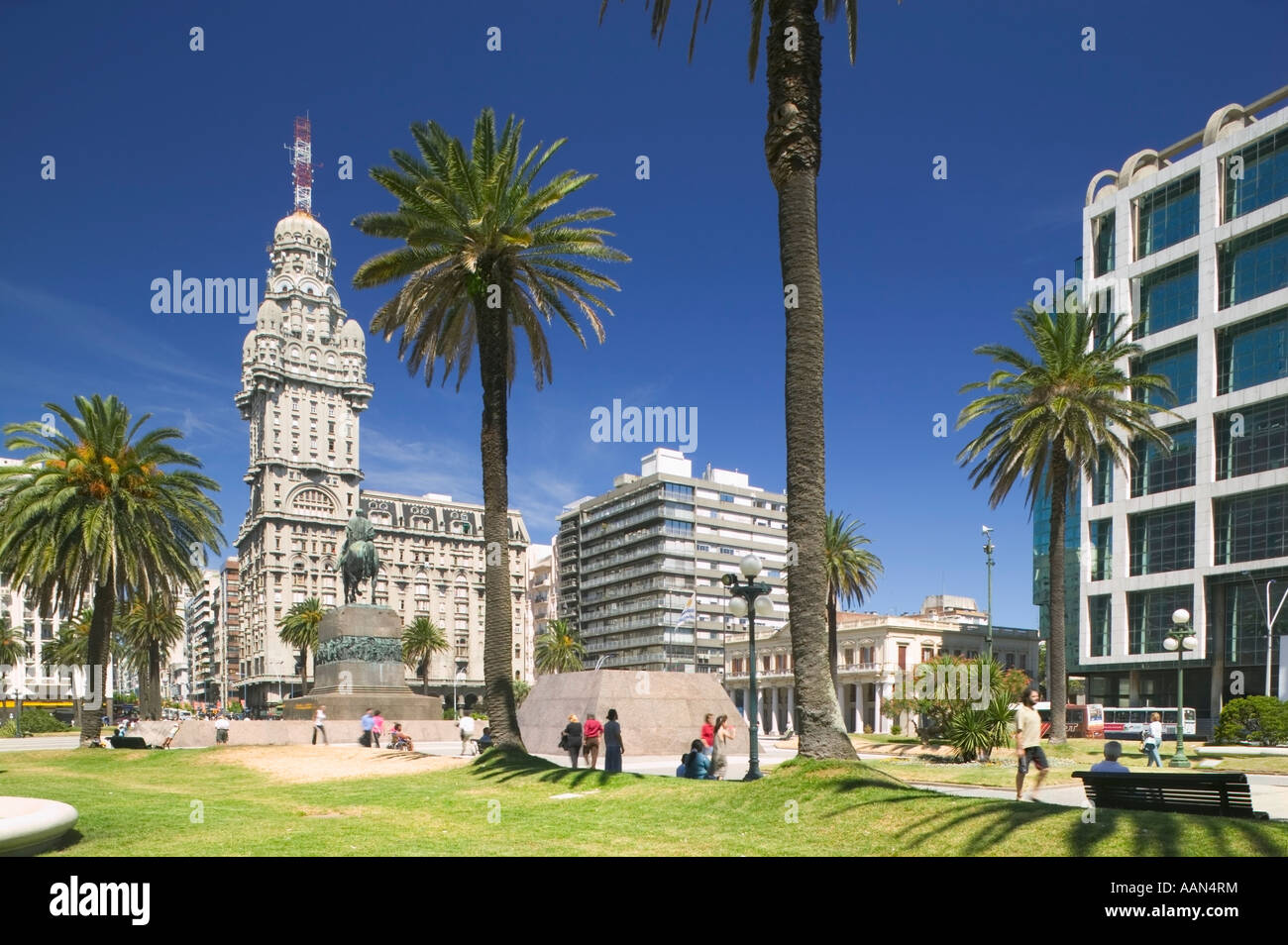Plaza Independencia in Montevideo with Palacio Salvo in the background. Stock Photo