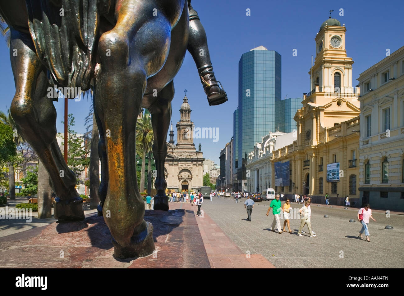 Close-up of the equestrian statue of Pedro de Valdivia in Plaza de Armas, Santiago. Stock Photo