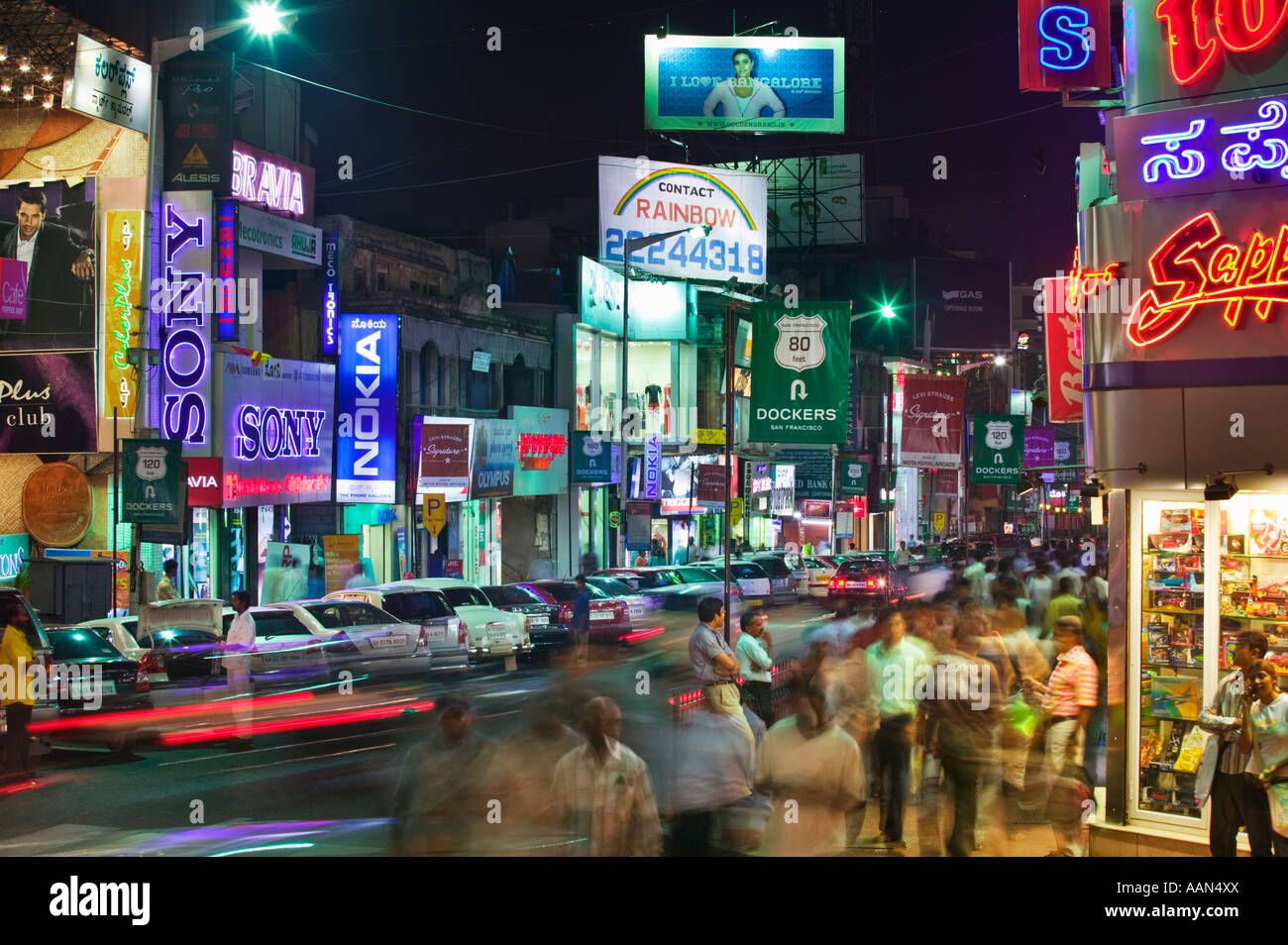 India - Bangalore. Brigade Road at night, retail and entertainment centre for Bangalore's well heeled. Stock Photo