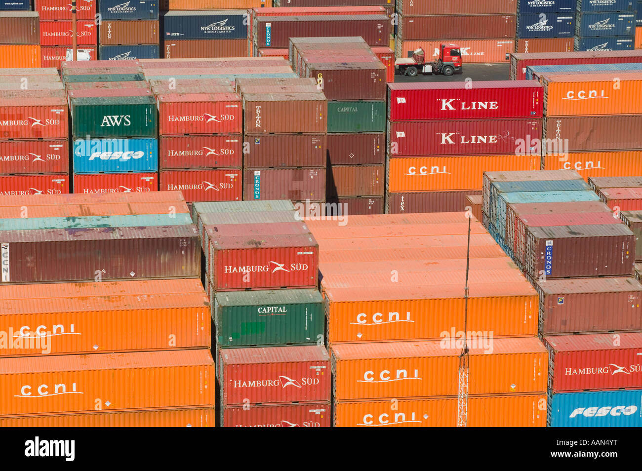 Containers stacked in Valparaiso port. Stock Photo