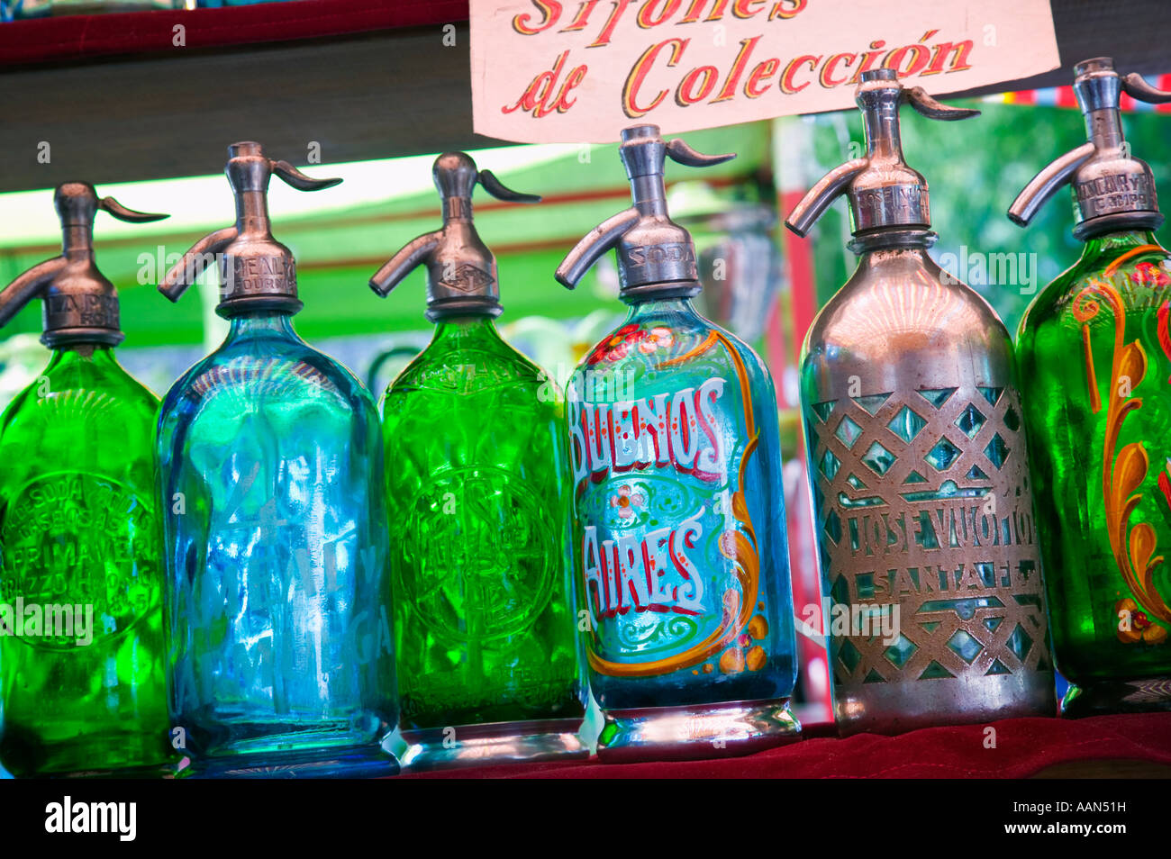 Soda syphons for sale in the San Telmo flea market in Plaza Dorrego. Stock Photo