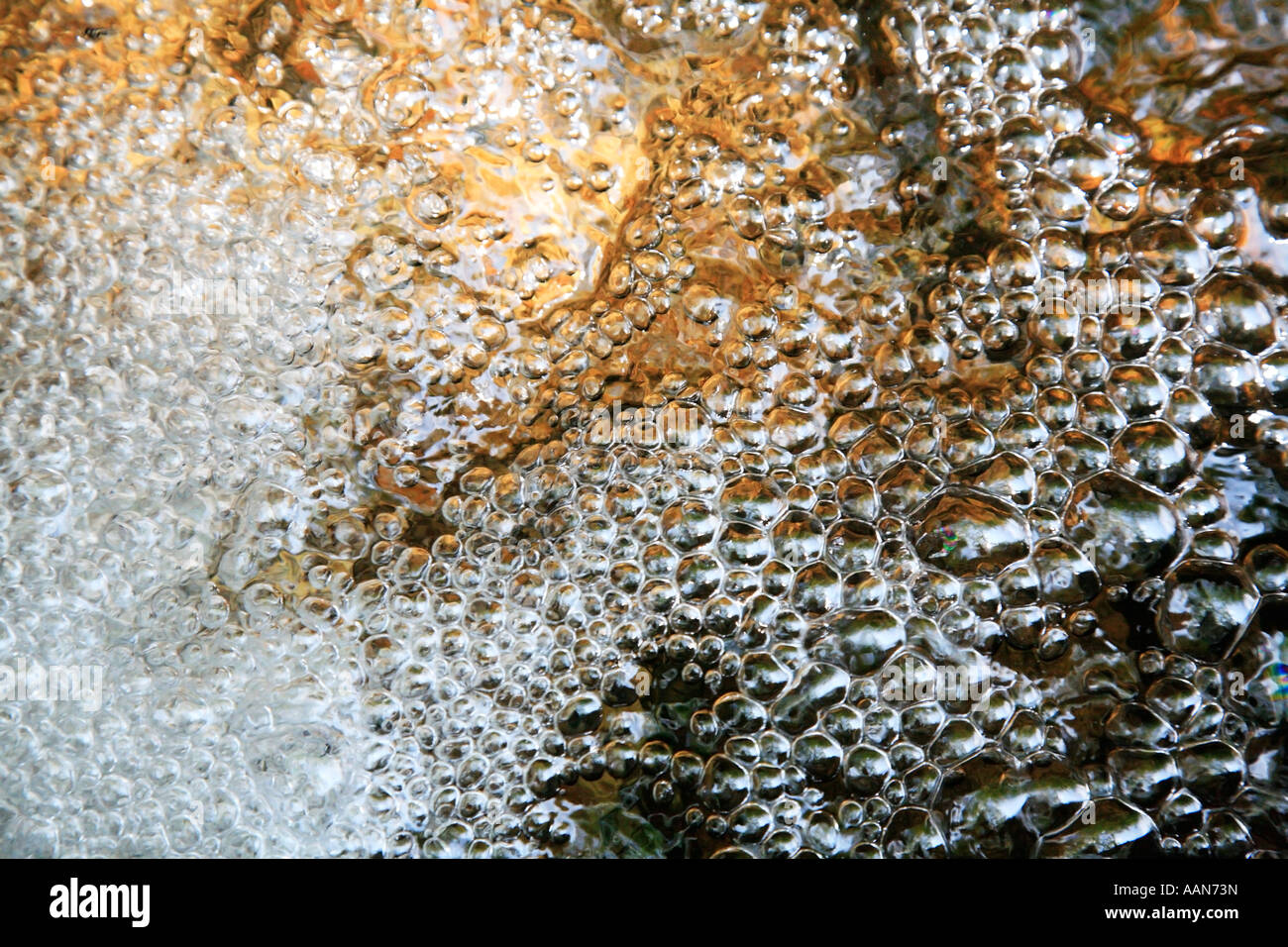 Close up of bubbles in the River Dart at Dartmeet in the Dartmoor ...
