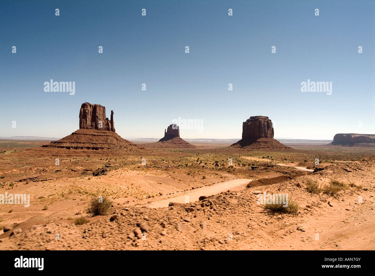 East and West Mitten Buttes. Monument Valley. Navajo Nation tribal park. Northeastern Arizona and southeastern Utah States. USA Stock Photo