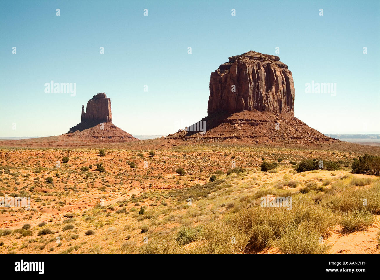 A Mitten Butte and Butte. Monument Valley. Navajo Nation tribal park. Northeastern Arizona and southeastern Utah States. USA Stock Photo