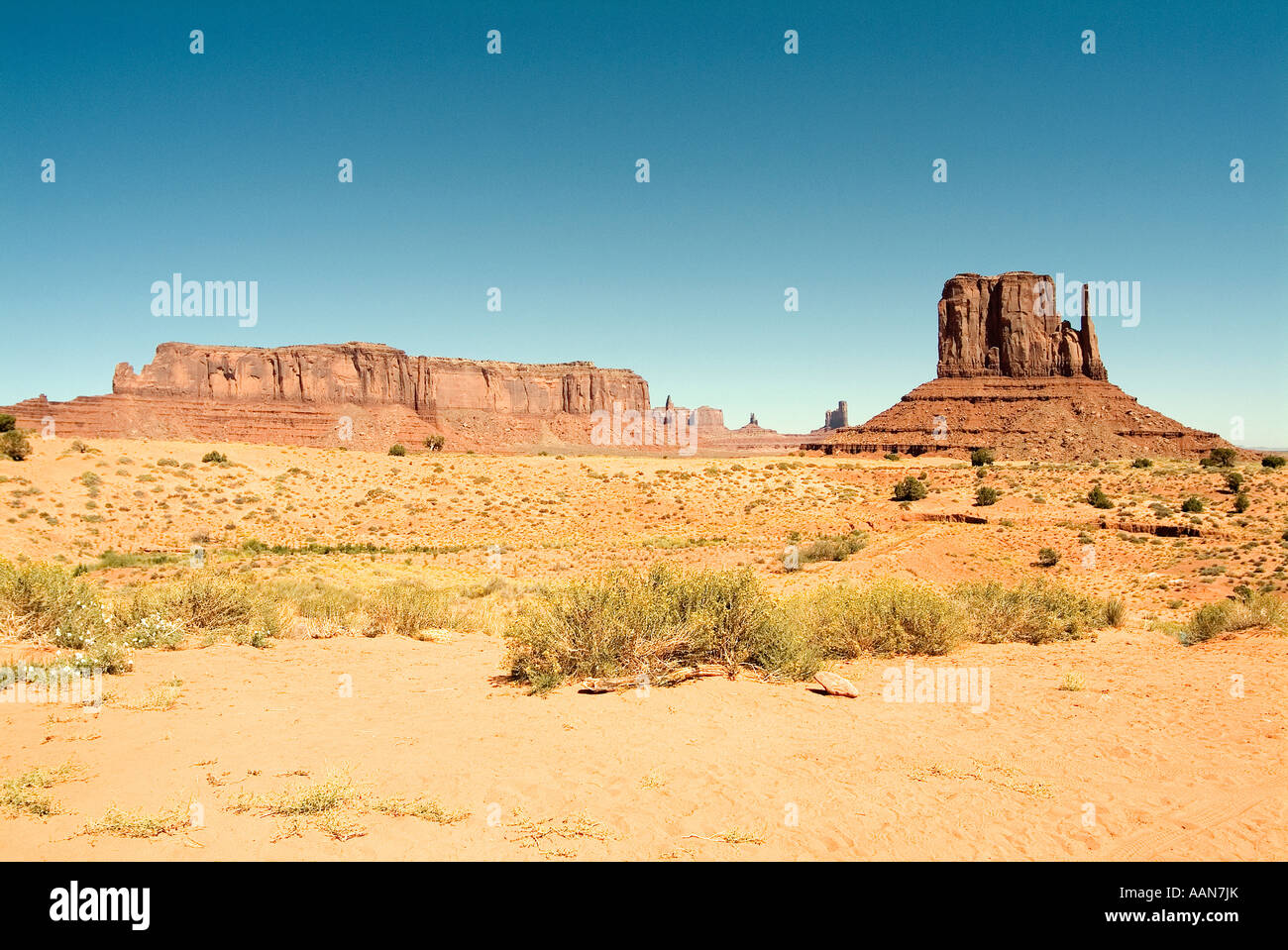 The Castle and a Mitten Butte. Monument Valley. Navajo Nation tribal park. Arizona and Utah States. USA Stock Photo