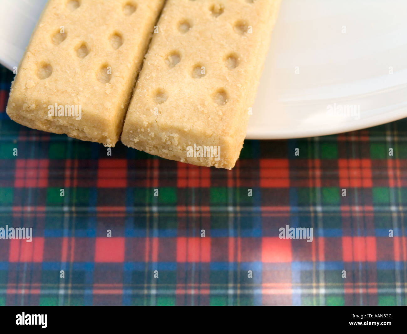 TWO PIECES OF SCOTTISH SHORTBREAD FINGERS ON A TARTAN TRAY Stock Photo ...