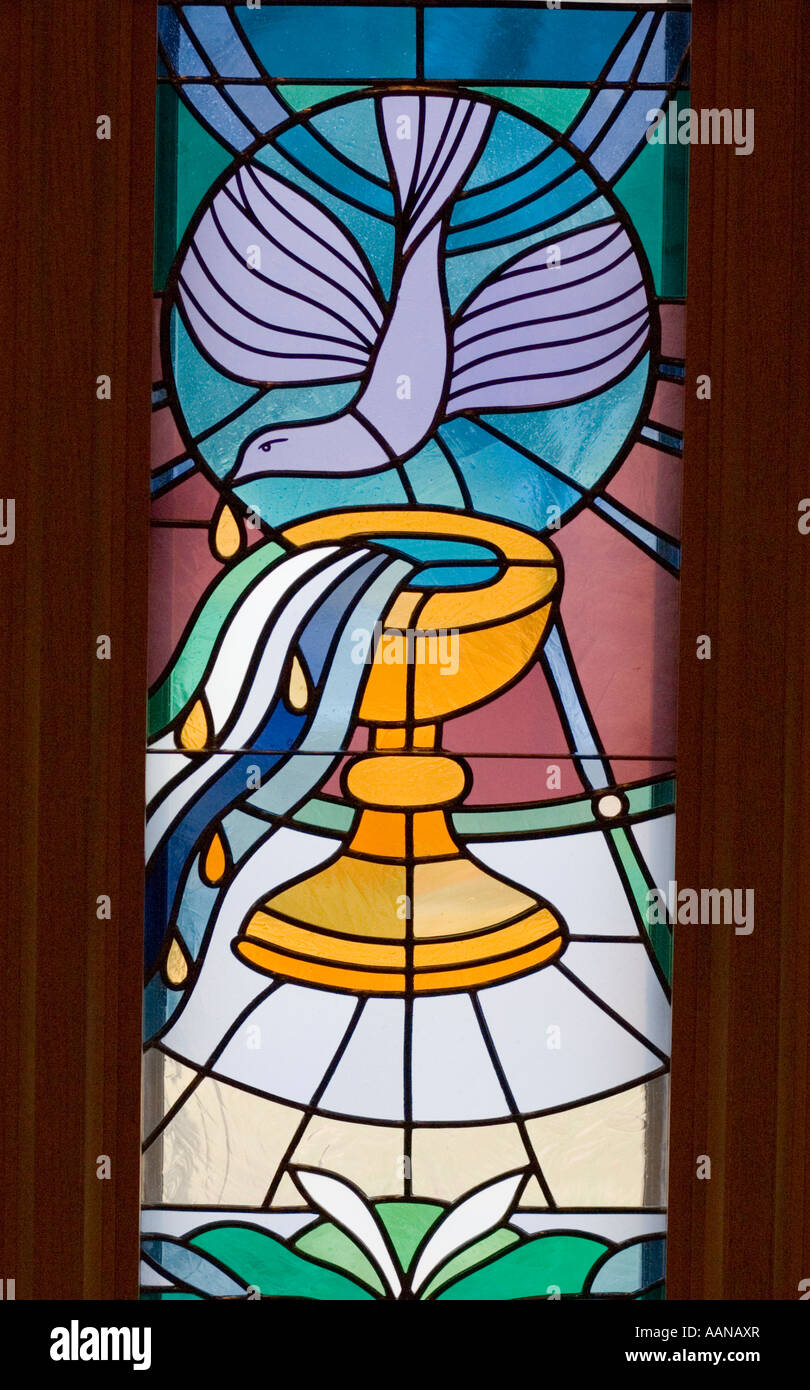 Downward dove chalice stained glass window panel. Masonic Home Chapel