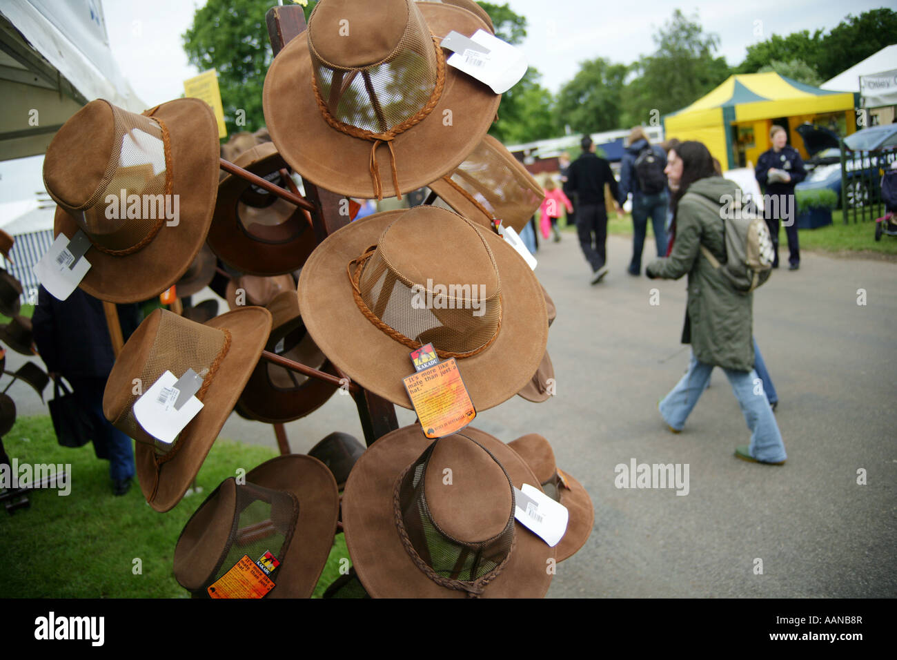 Traditional Australian Akubra wide-brimmed leather hats on sale at a stall, Suffolk agricultural Show, England, UK Stock Photo