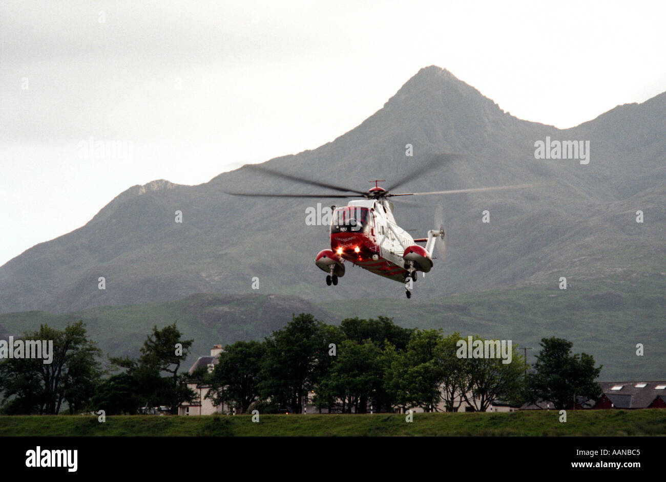 Sligachan Scotland Isle of Skye Cuillin Mountains rescue helicopter mountain sea king helicopter coast guard Stock Photo