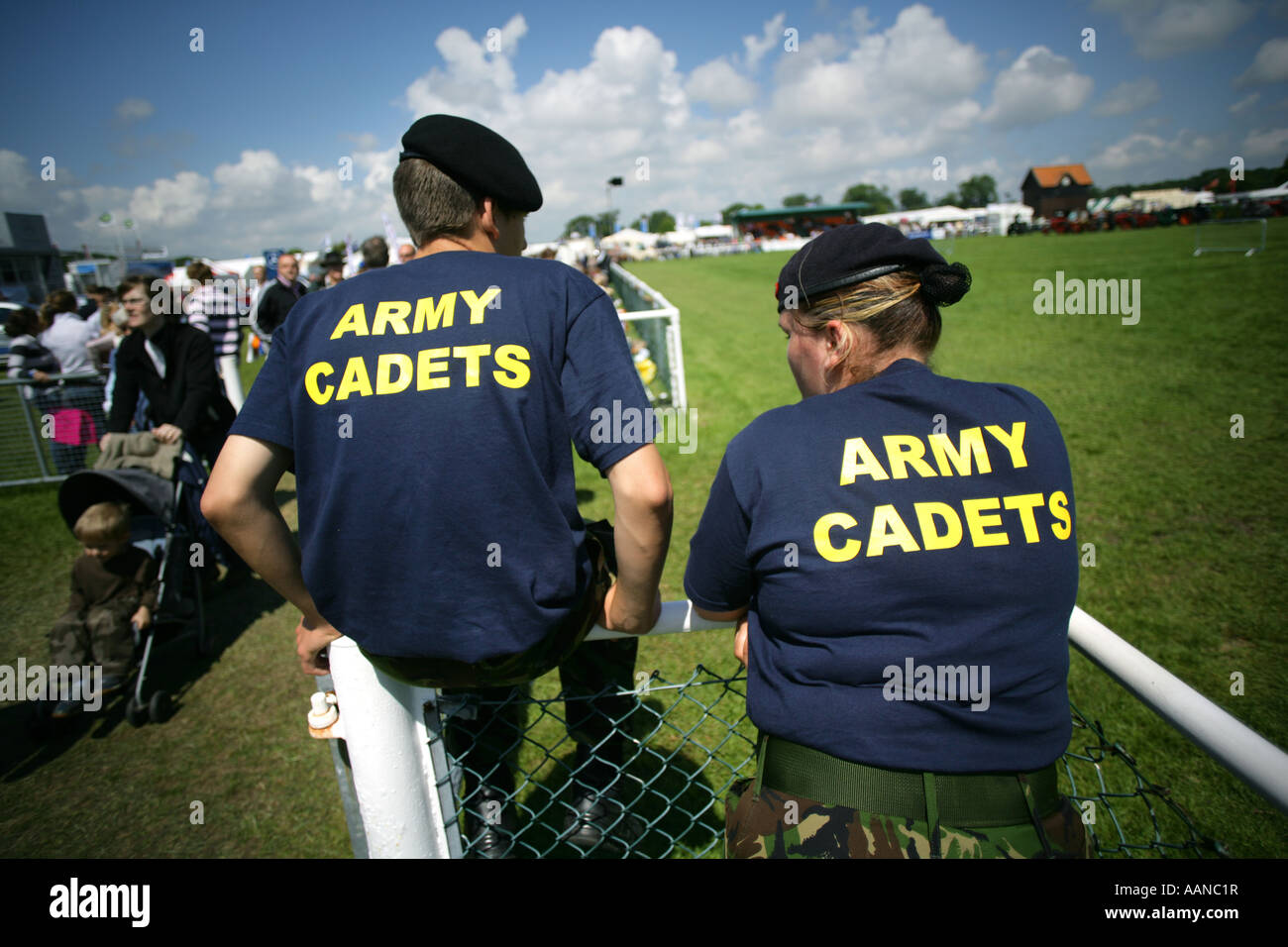Army cadets in charge of the opening and closing of access gates at the Suffolk agricultural Show, England, UK Stock Photo