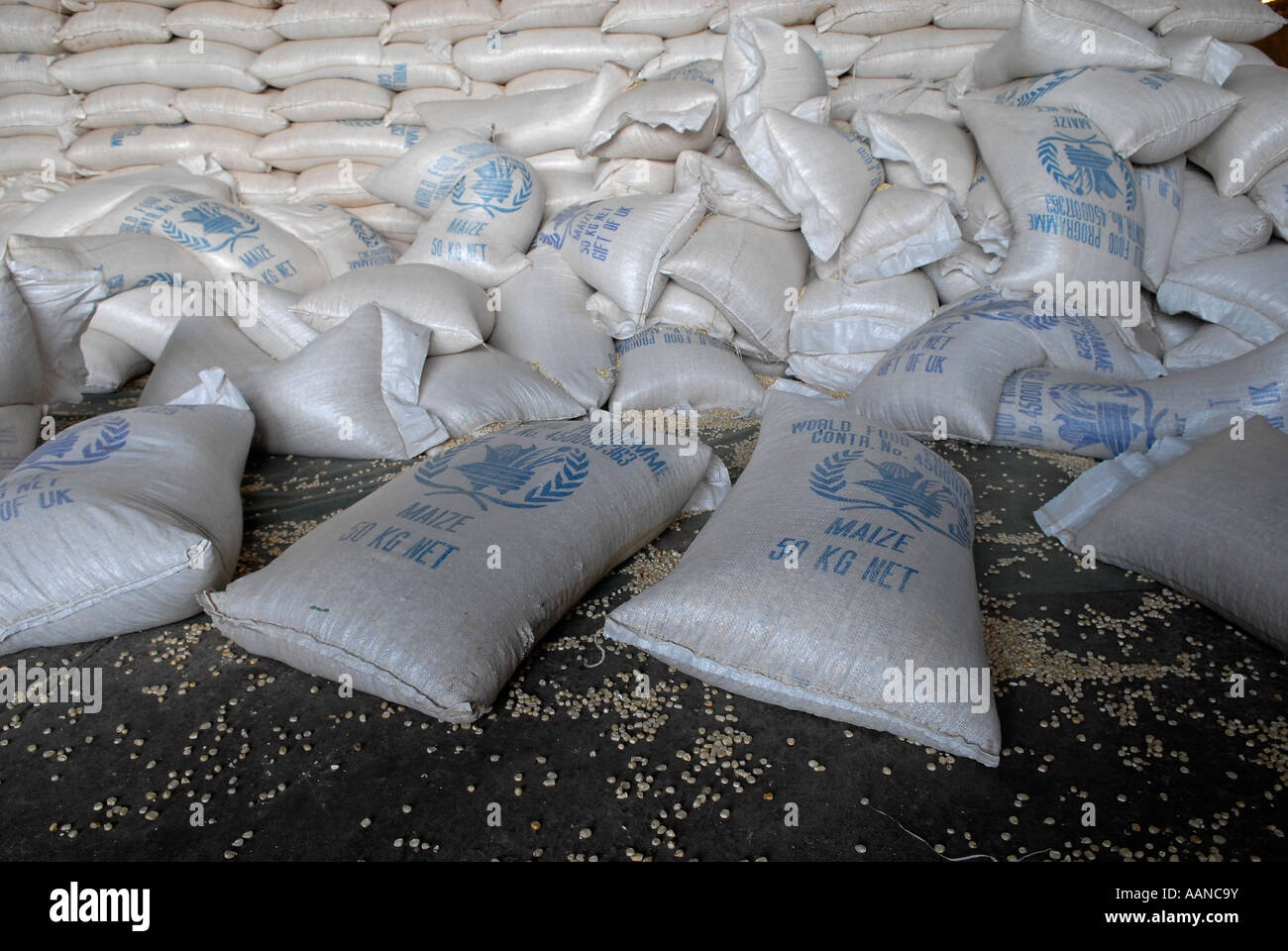 Sacks of maize in a storage warehouse of World Food Programme WFP in the city of Goma, North