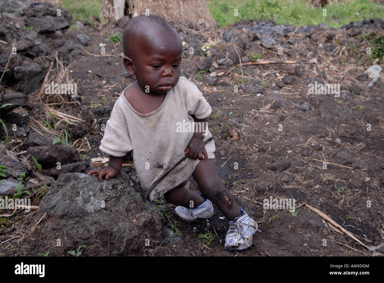 A young Congolese child in an IDP makeshift camp in North Kivu province DR Congo Africa Stock Photo