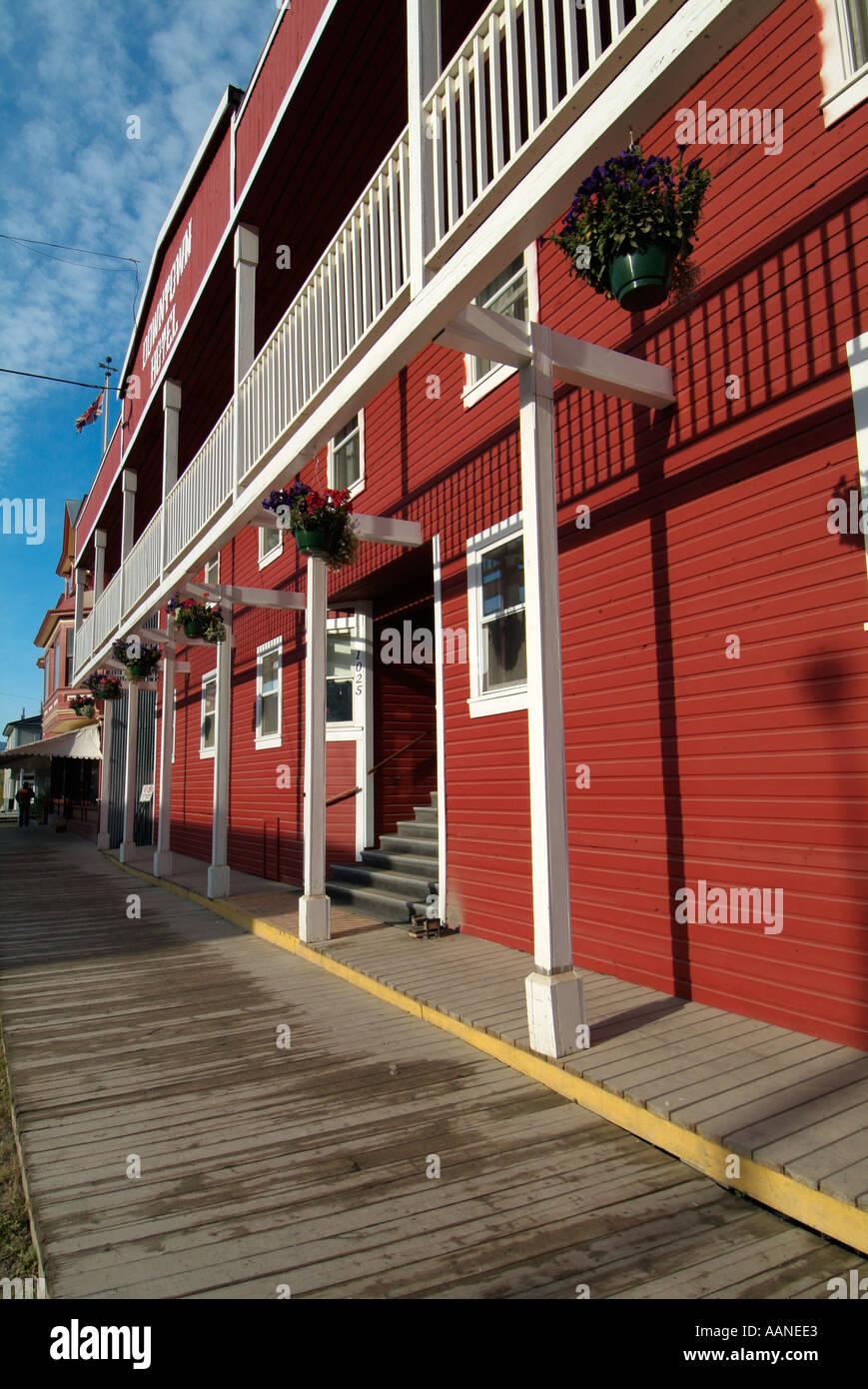 Wooden boardwalk, Downtown Hotel, Dawson City, Yukon, Canada Stock