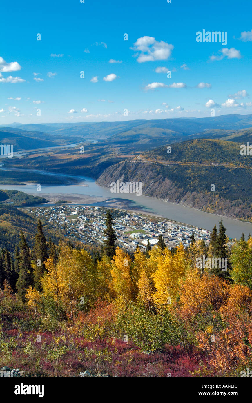 View of Dawson City, the Klondike and Yukon rivers, from the Midnight