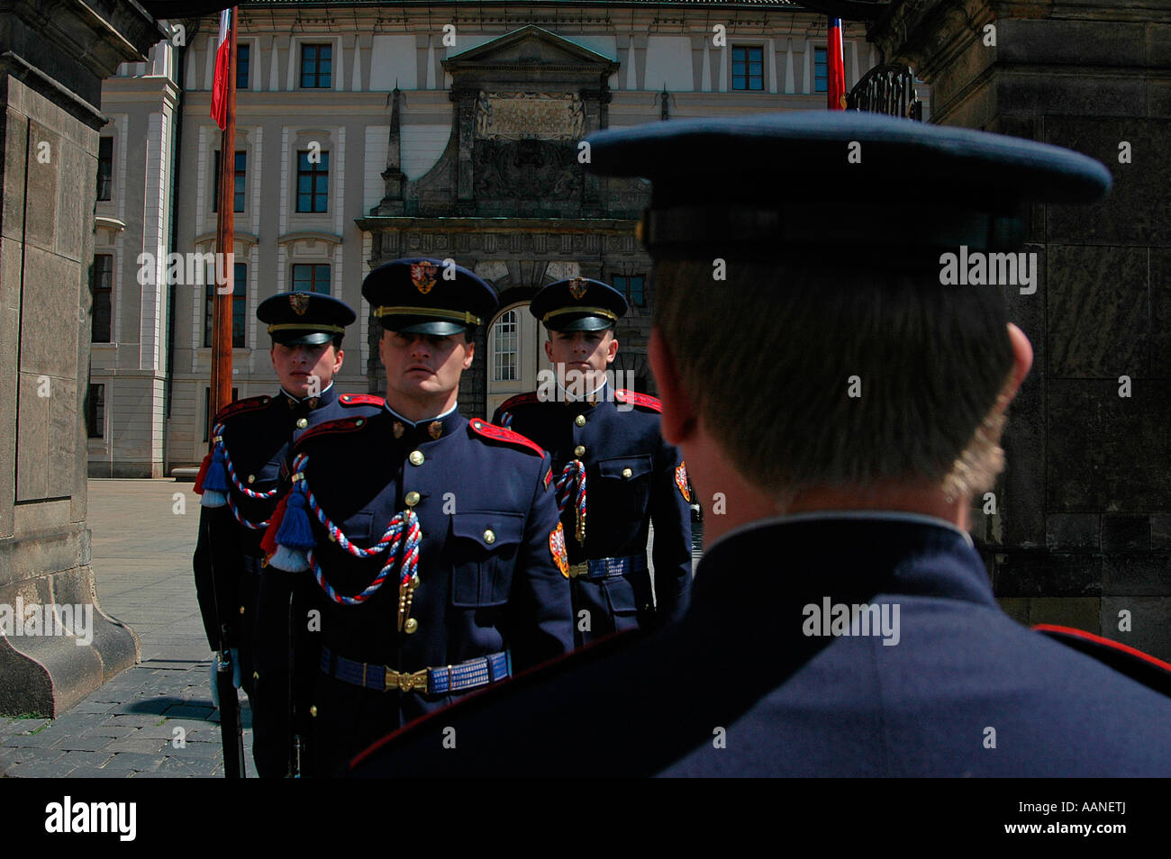 Castle guard marching during changing of guards process at the main entrance to Prague Castle in Czech republic Stock Photo