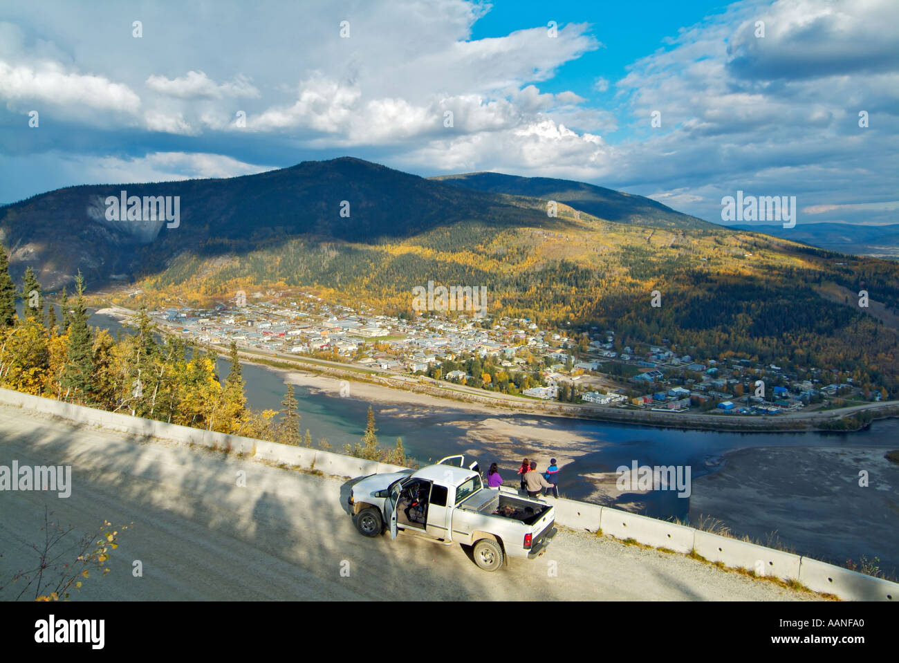 View of Dawson City from the Top of the World Highway, Dawson City, Yukon, Canada Stock Photo