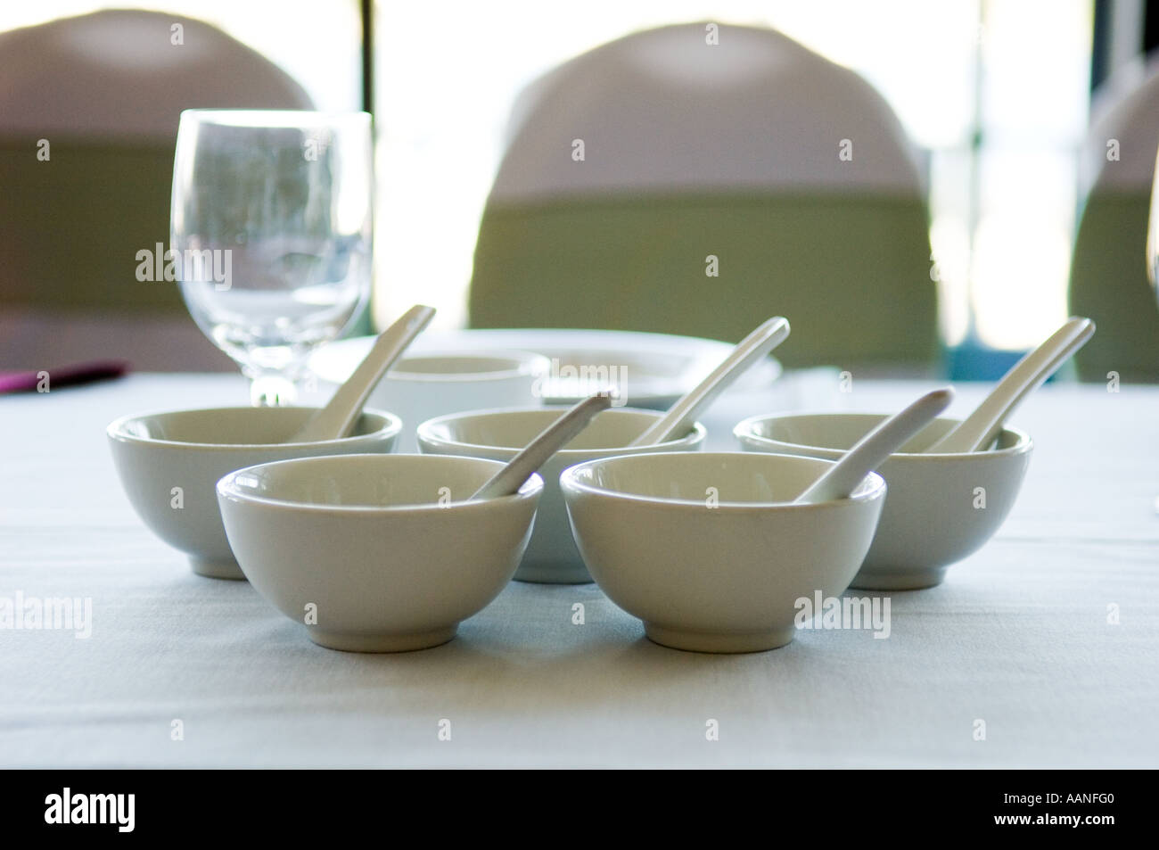 Chinese soup bowls sit empty Stock Photo