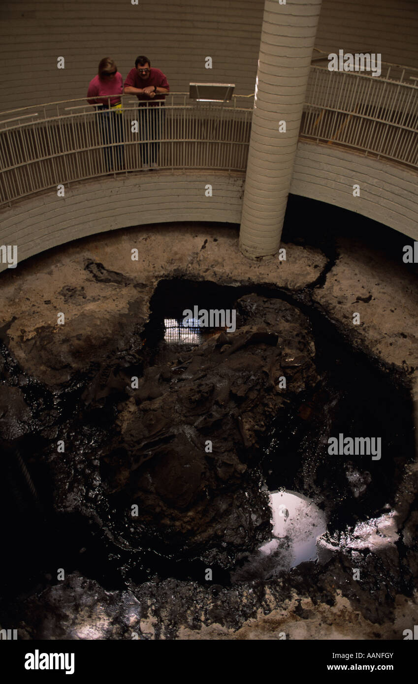 Retro image of Tourists looking into a tar pit at the La Brea Tar Pit 