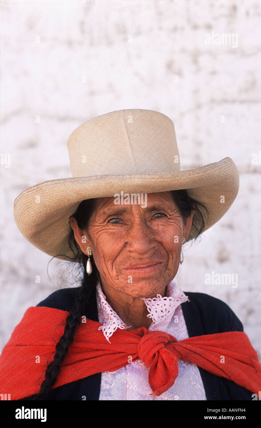 Friendly elderly woman in a distinctive style of Peruvian Andean dress Caraz Calleyon de Huaylas Northern Peru Stock Photo
