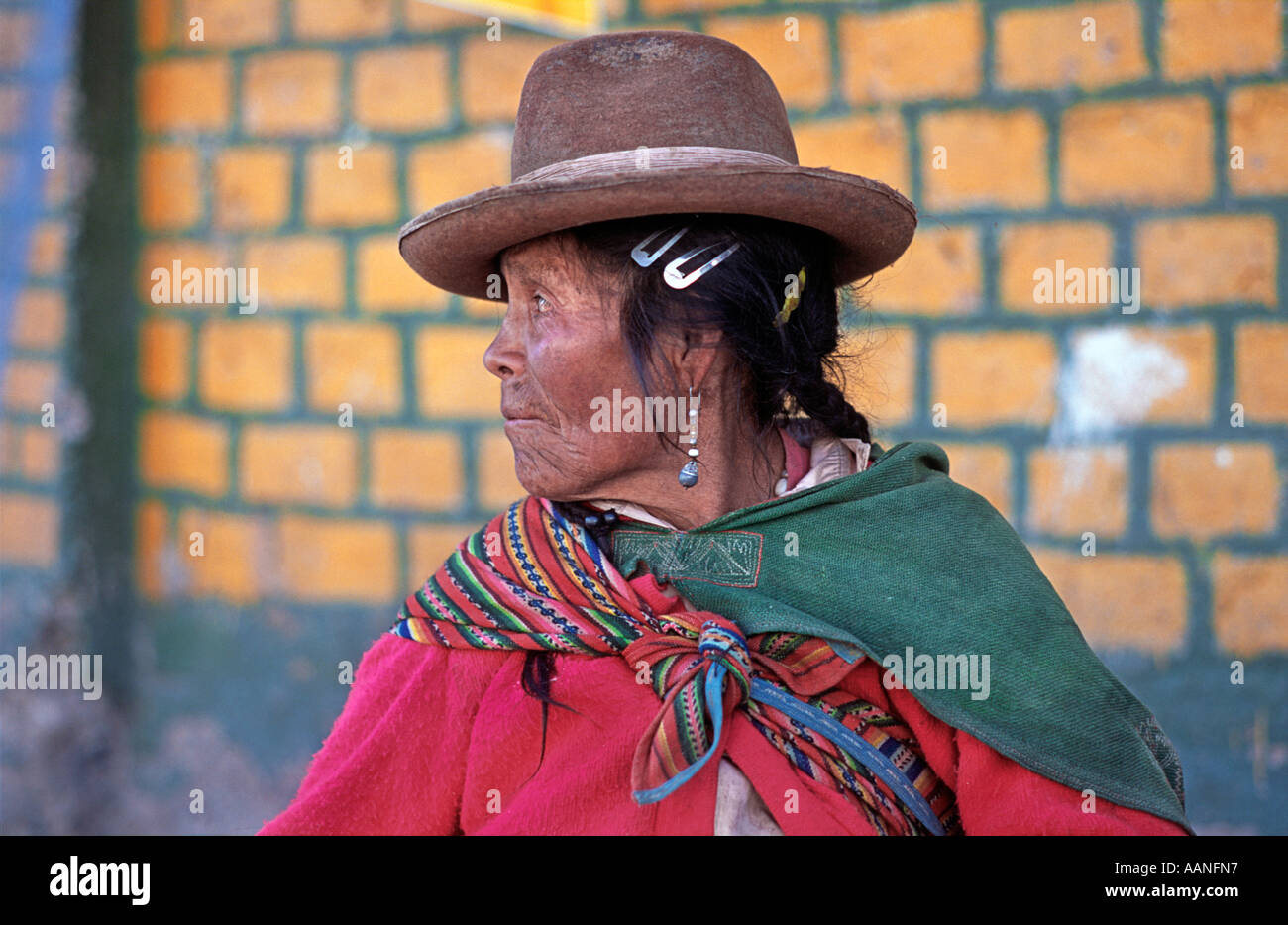 Elderly Peruvian woman in Andean style dress at Hiuaraz market Northern Peru South America Stock Photo