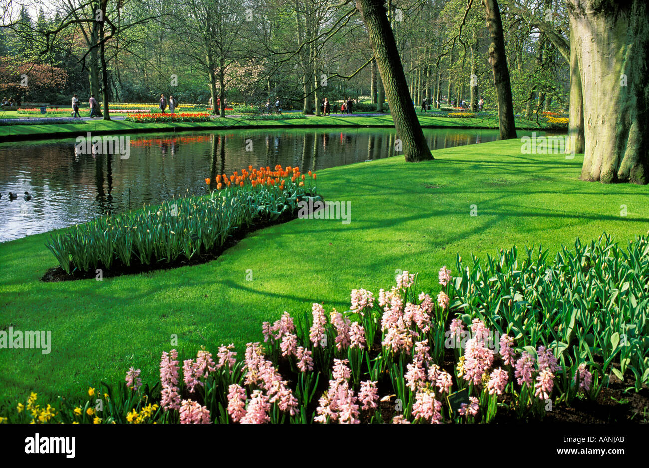 Lisse, Holland, Keukenhof Gardens Tourists meandering along pathway in beautiful park setting Stock Photo