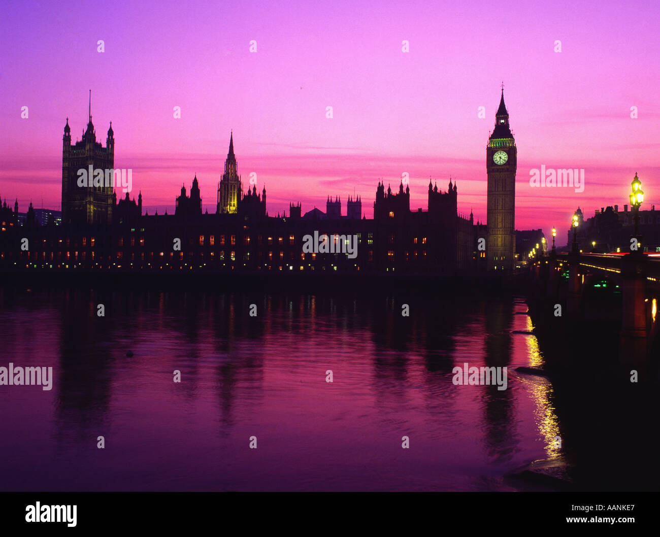 UK London House of Parliament with sunset behind Stock Photo