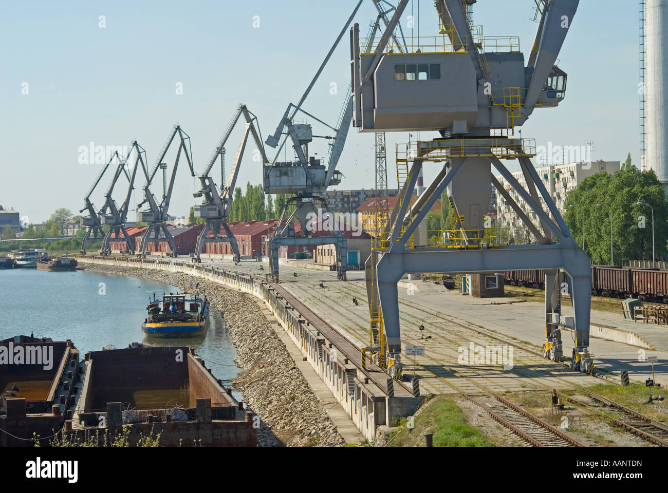 Komarno, Slovakia. Cranes along the dockside on the River Danube Stock