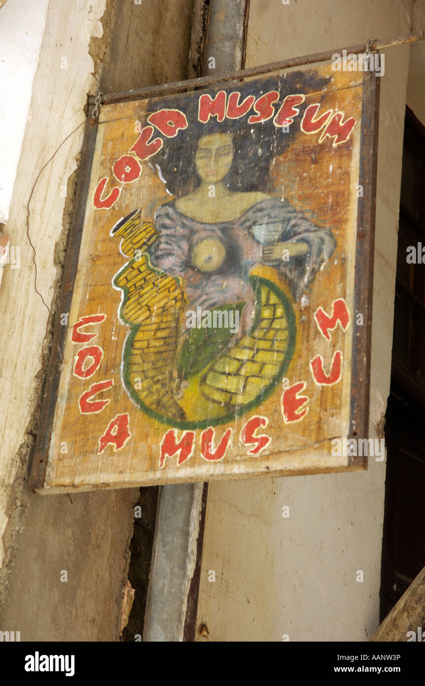 A coca sign at the entrance to the Coca museum in La Paz, Bolivia. Stock Photo