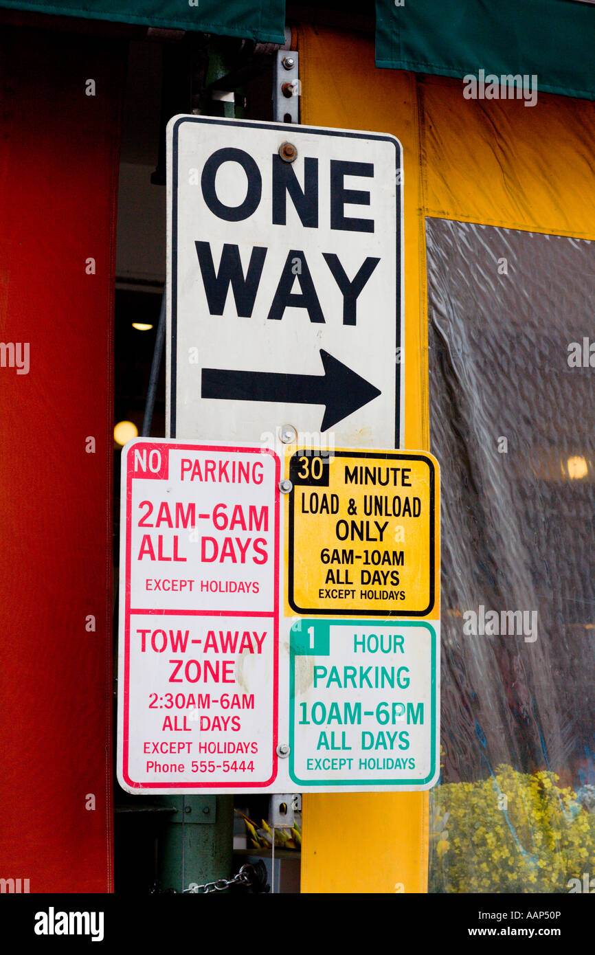 collection of traffic and parking signs at the Pike Place Market