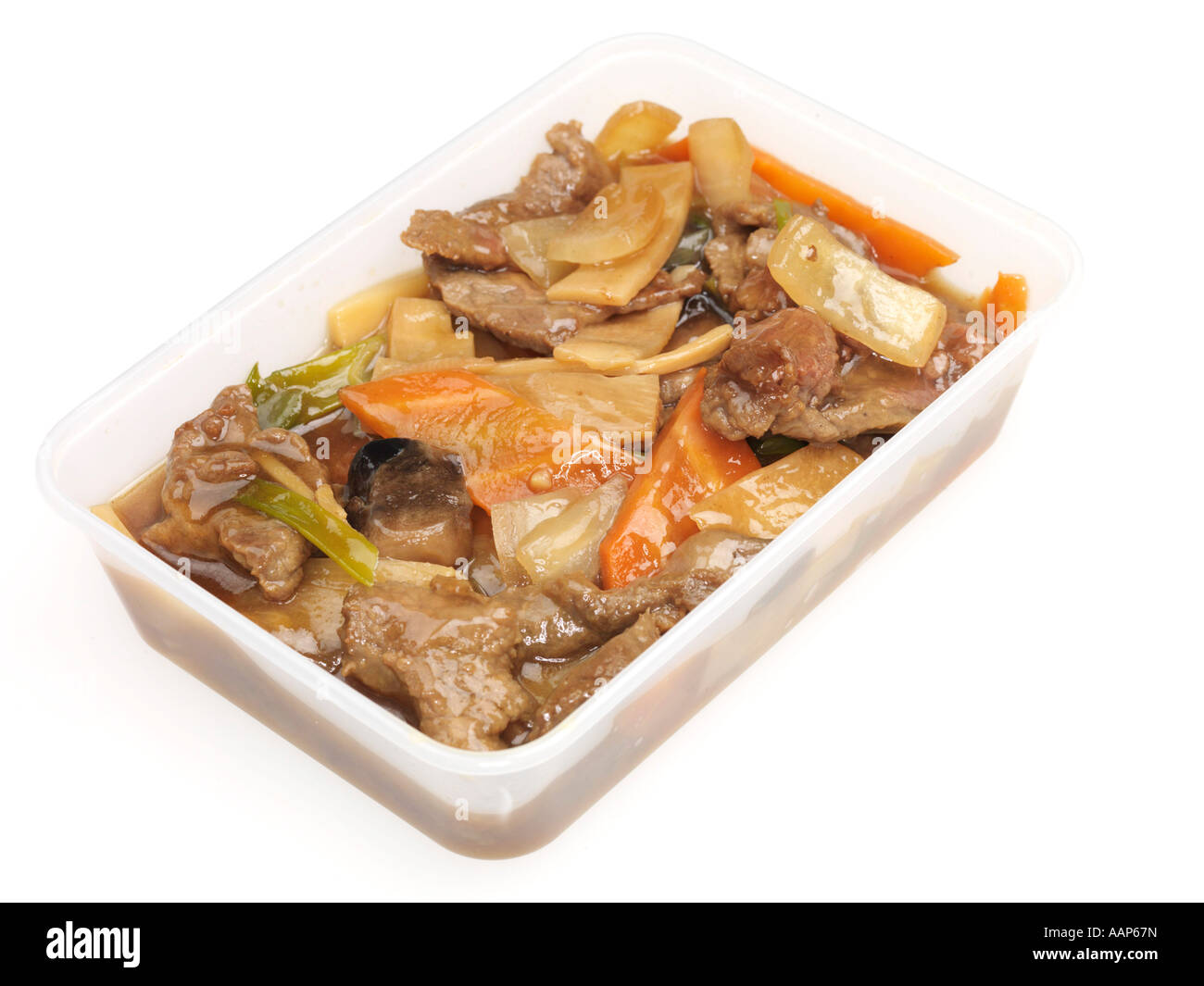 Freshly Cooked Chinese Takeaway Beef in Oyster Sauce Meal In A Plastic