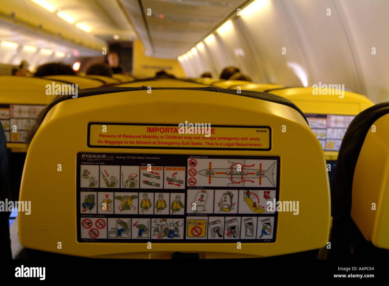Passenger safety instructions on head rest of Boeing aircraft Ryanair