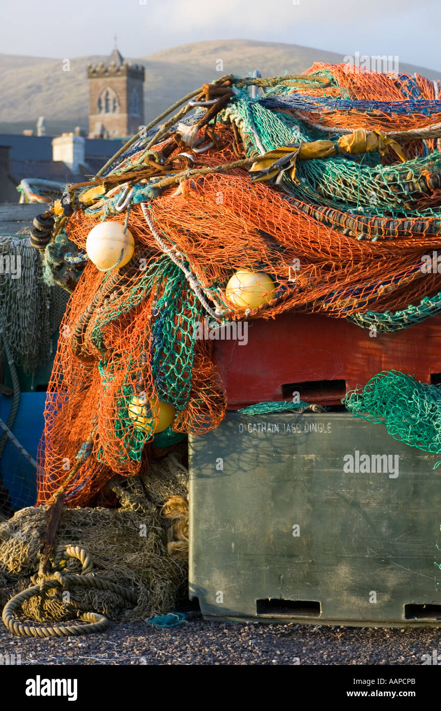 Colorful fishing nets, buoys and rope piled on crates, Dingle, County Kerry, Republic of Ireland