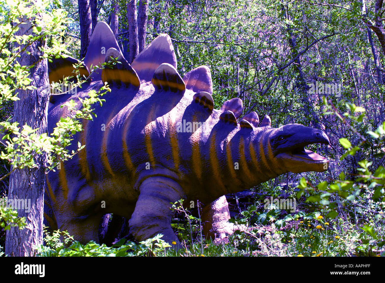 STEGOSAURUS Dinosaur Prehistoric Park animal sculptures inland sea and volcanic mountains at Calgary Alberta Canada Stock Photo