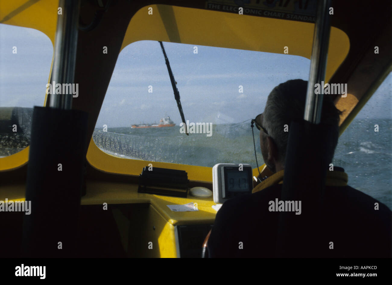 Cargo ship seen from the cabin of the record breaking Rigid Inflatable Boat Spirit of Cardiff Stock Photo