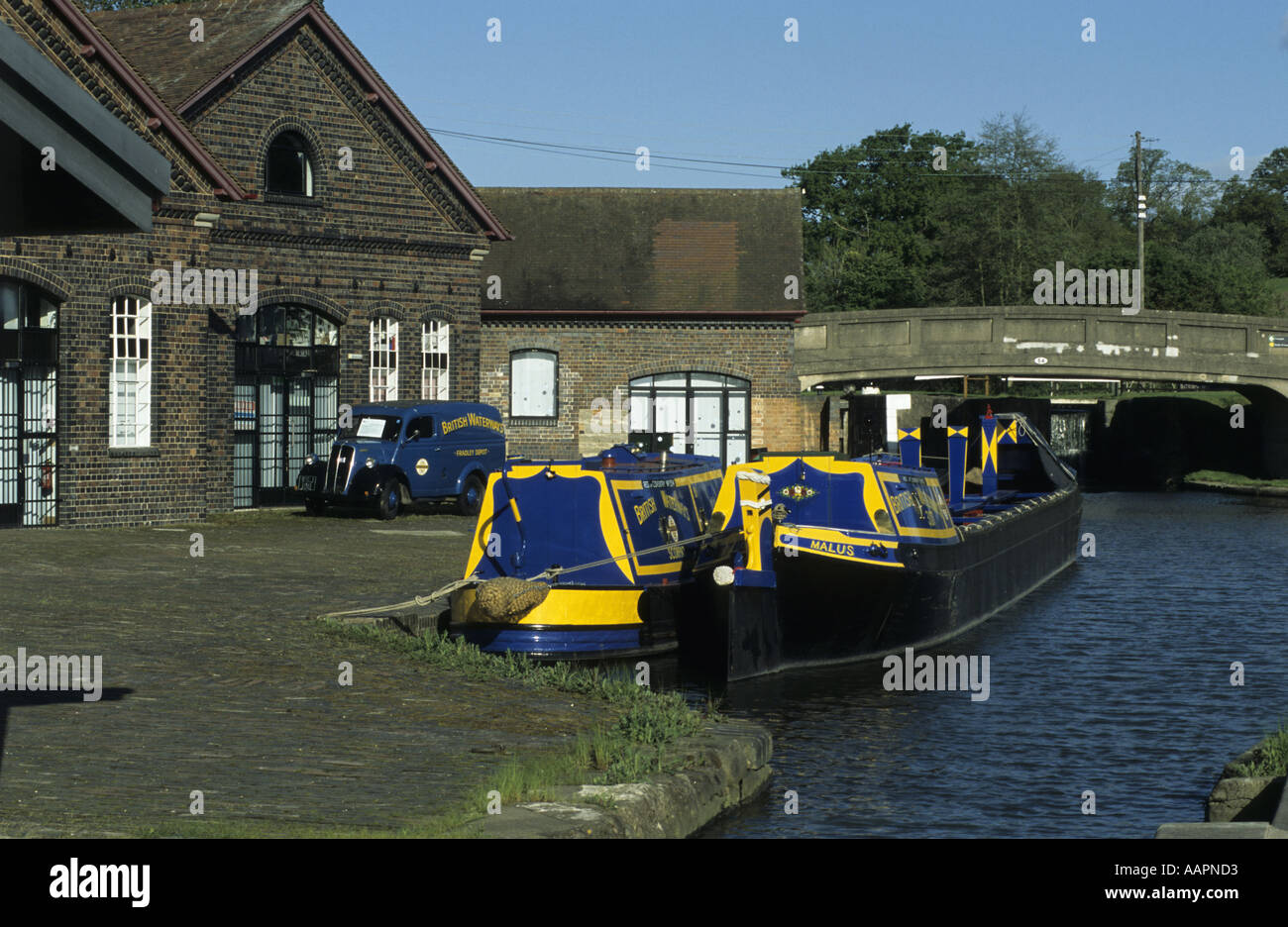 Restored narrowboats Scorpio and Malus at British Waterways Heritage Centre, Grand Union Canal, Hatton, Warwickshire, UK Stock Photo