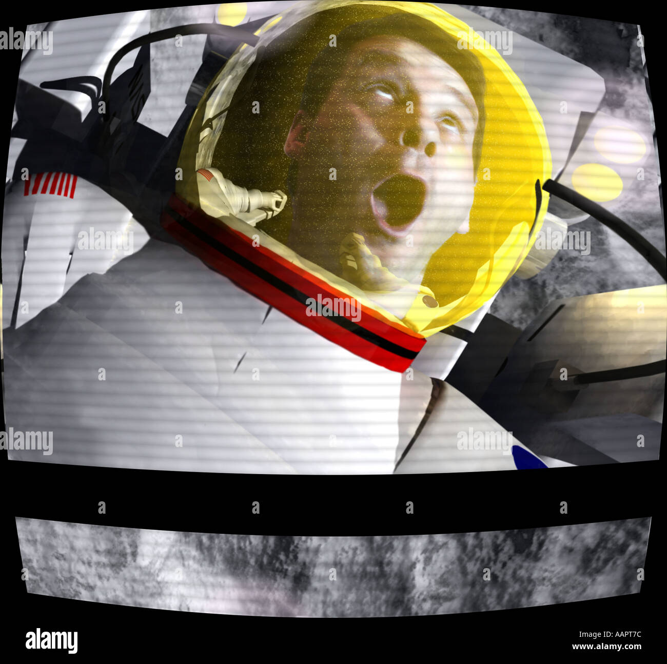 Outer space adventure with man upside down looking shocked in a space ...