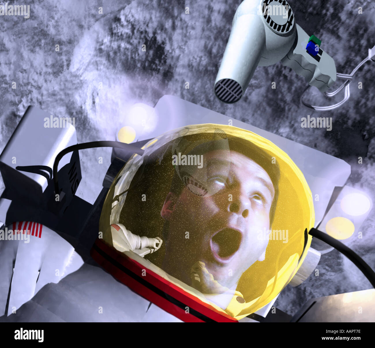 Outer space adventure with man upside down looking shocked in a space suit with a hair dryer floating above him Stock Photo