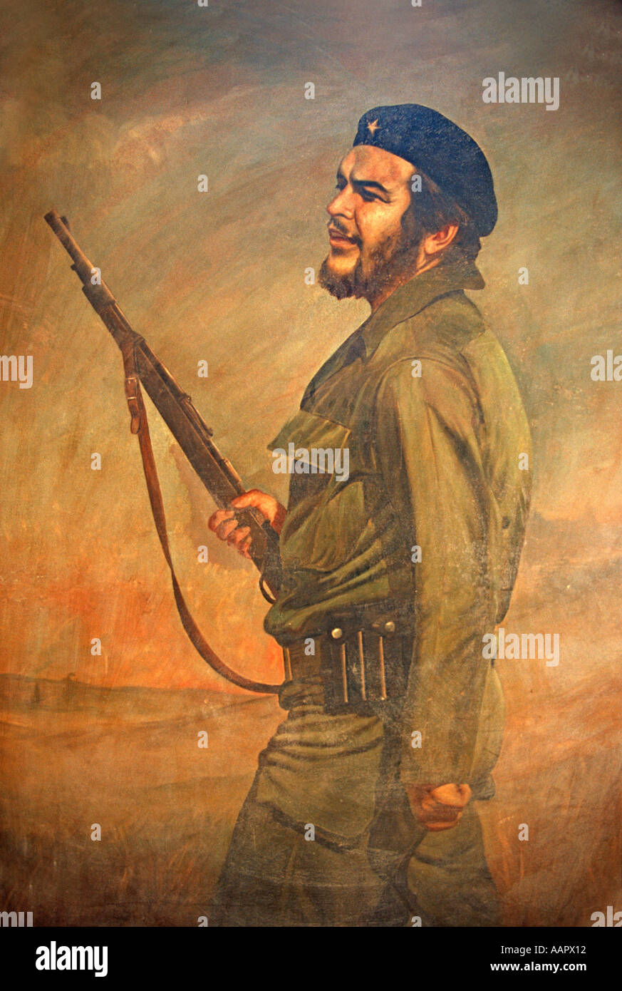 Cuban painting depicting Che Guevara in revolutionary dress Havana Cuba The beret as worn indicates this is likely to be Che Stock Photo